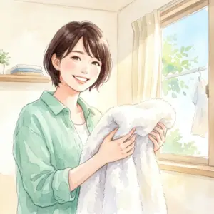 ふんわりとした洗い上がりのタオルを抱えて喜ぶ女性