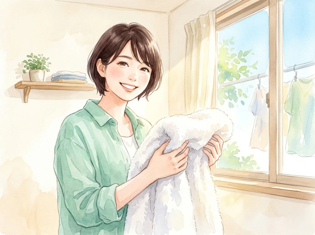 ふんわりとした洗い上がりのタオルを抱えて喜ぶ女性