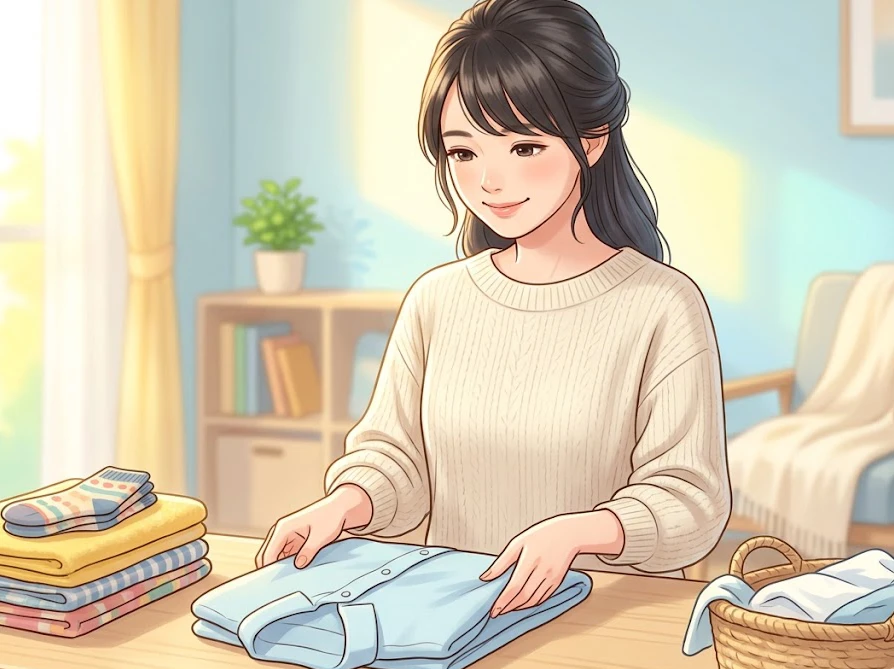洗濯物を綺麗に畳みながらボールドの仕上がりに満足する女性
