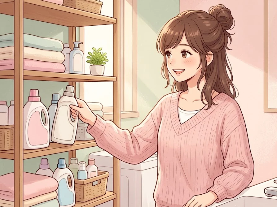 洗濯アイテムを嬉しそうに選んでいる女性