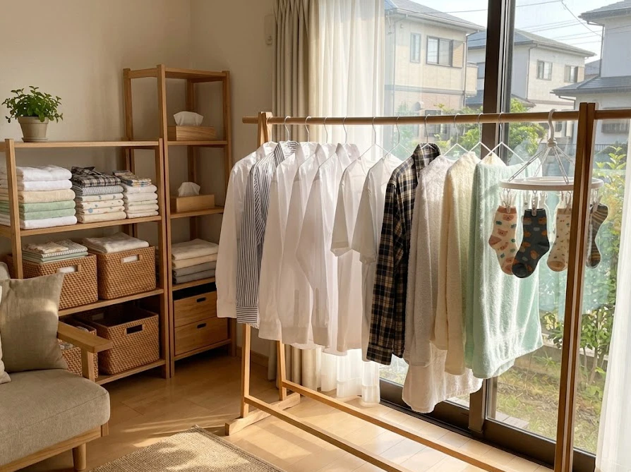 日差しが差し込む明るい部屋で干されている生乾き臭のない清潔な衣類