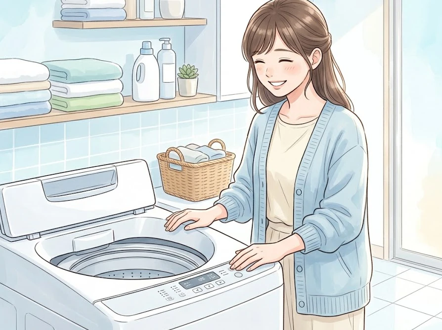洗濯機の前で安心した笑顔を見せる女性
