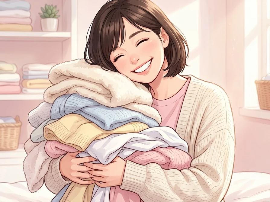 綺麗に仕上がった洗濯物を抱きしめてリラックスする女性