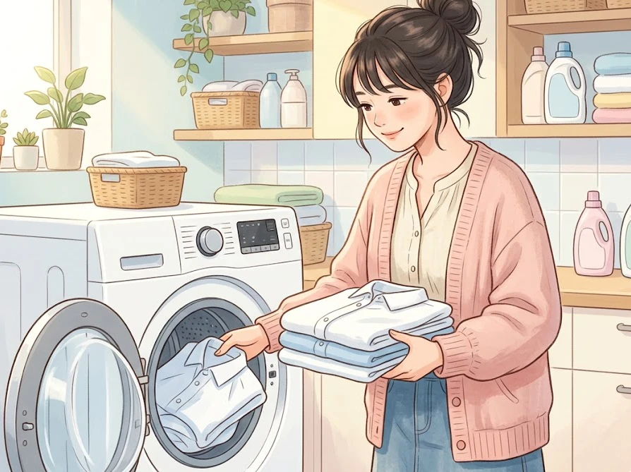 洗濯槽クリーナーを手に持ち定期的な分解洗浄と日常ケアを使い分ける女性