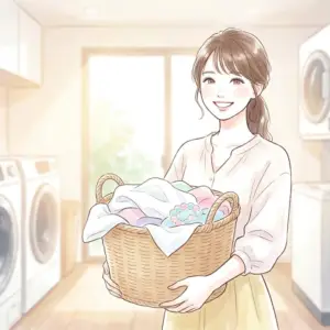 コインランドリーで消臭ビーズを活用して洗濯物をふっくら仕上げる笑顔の女性