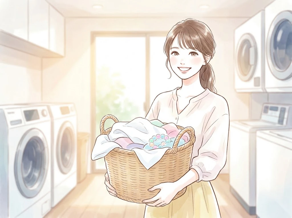 コインランドリーで消臭ビーズを活用して洗濯物をふっくら仕上げる笑顔の女性