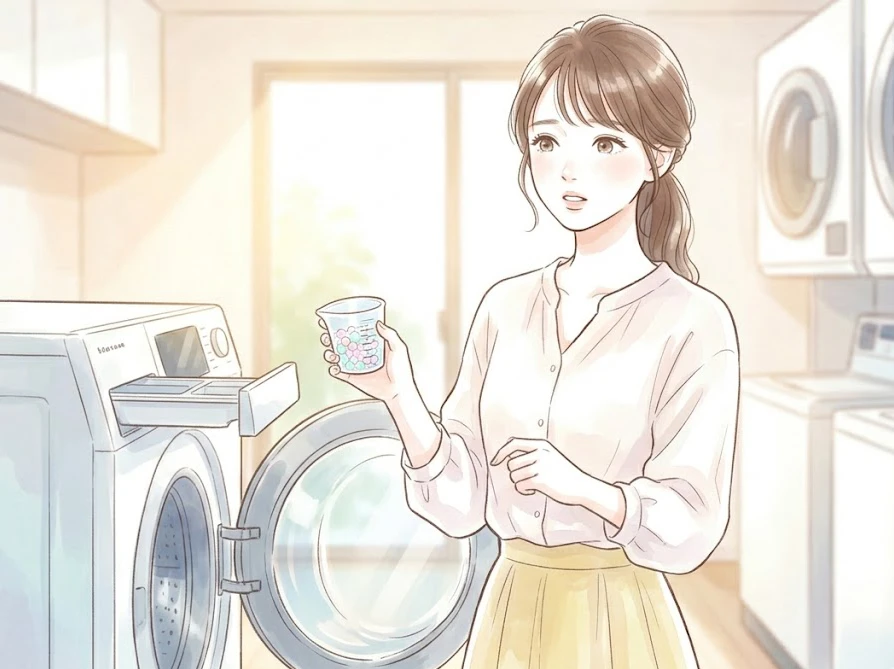 コインランドリーの洗濯機の前で消臭ビーズの持ち込みルールや使い方に悩む女性