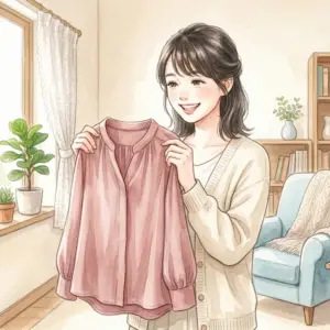 洗濯したキュプラやレーヨンの服を手にする女性