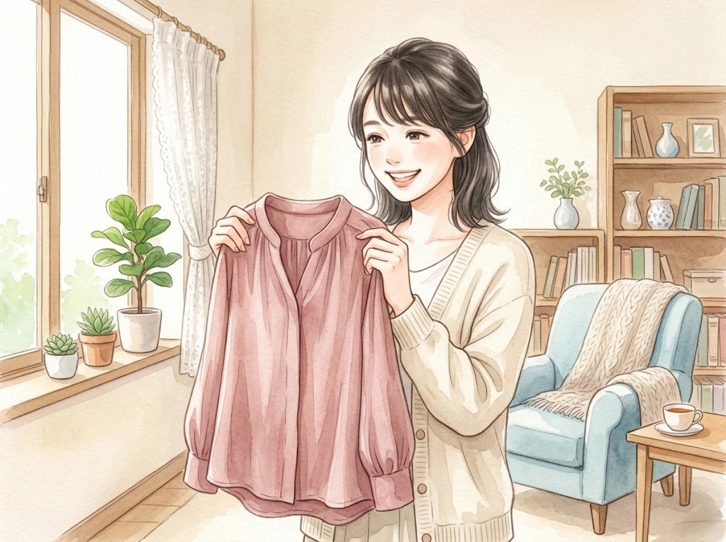 洗濯したキュプラやレーヨンの服を手にする女性
