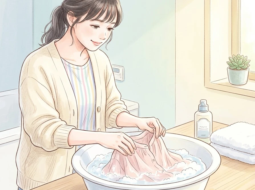 洗面器を使ってデリケートな衣類をやさしく手洗いする様子