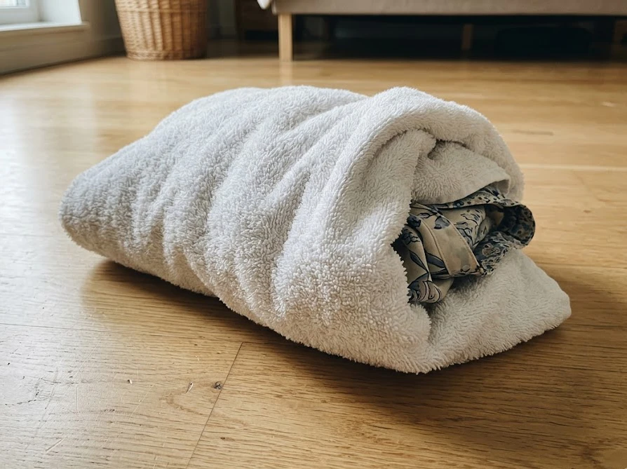 バスタオルで衣類を巻いて水分を取るタオルドライのやり方