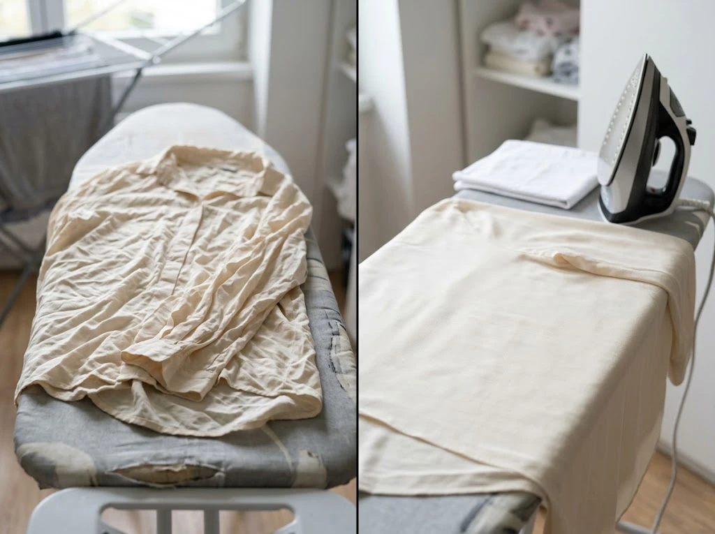 当て布を使ってアイロンがけをした服のシワが伸びた比較