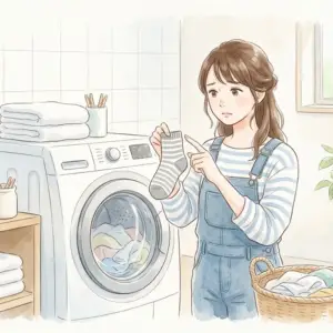 洗濯機の隙間に靴下を落としてしまい困っている女性