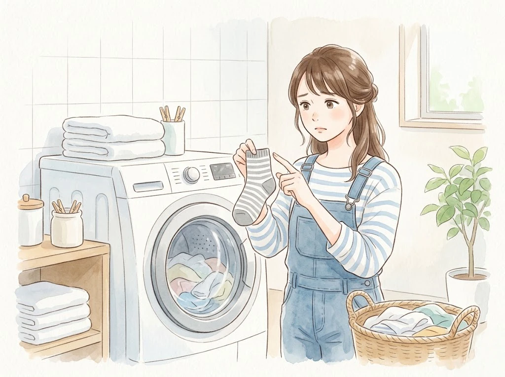 洗濯機の隙間に靴下を落としてしまい困っている女性