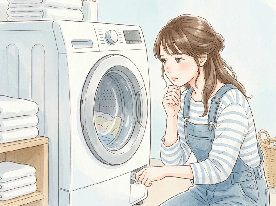 洗濯機の前で安全な取り出し手順を考えている女性