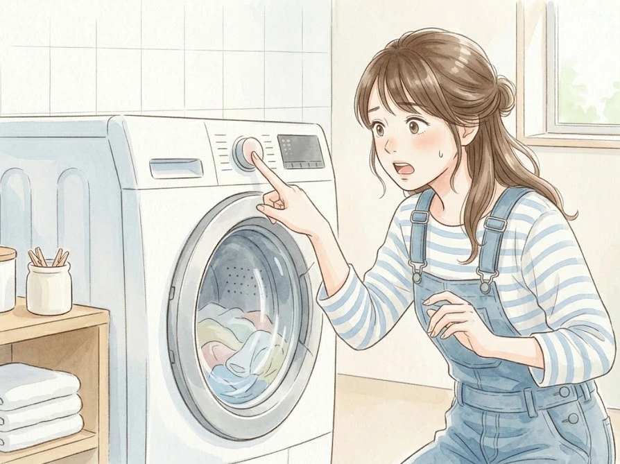 異常な音に気づいて慌てて洗濯機の運転を止める女性