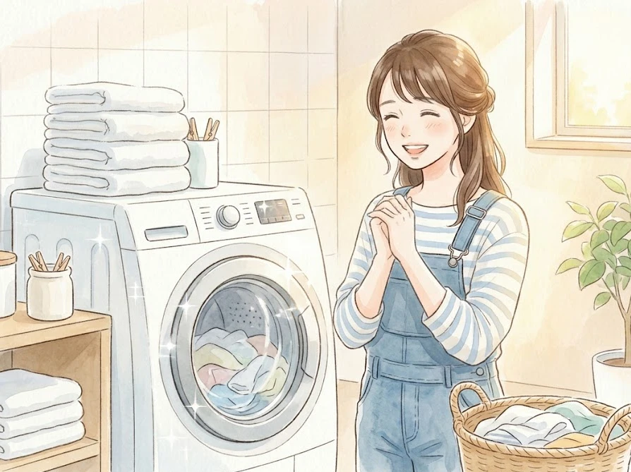洗濯機のトラブルを無事に解決して笑顔で安心する女性