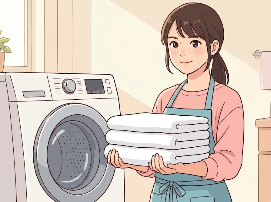 ドラム式洗濯機の前で白いタオルを持ちオムツ対処の準備をする女性