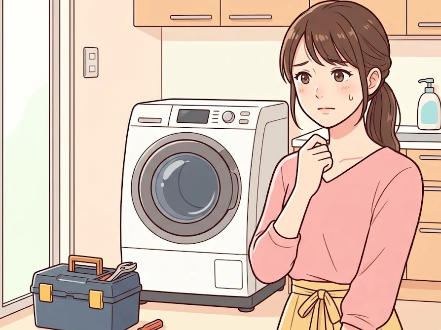 ドラム式洗濯機のエラーが直らずプロの修理業者の工具箱を見つめる女性