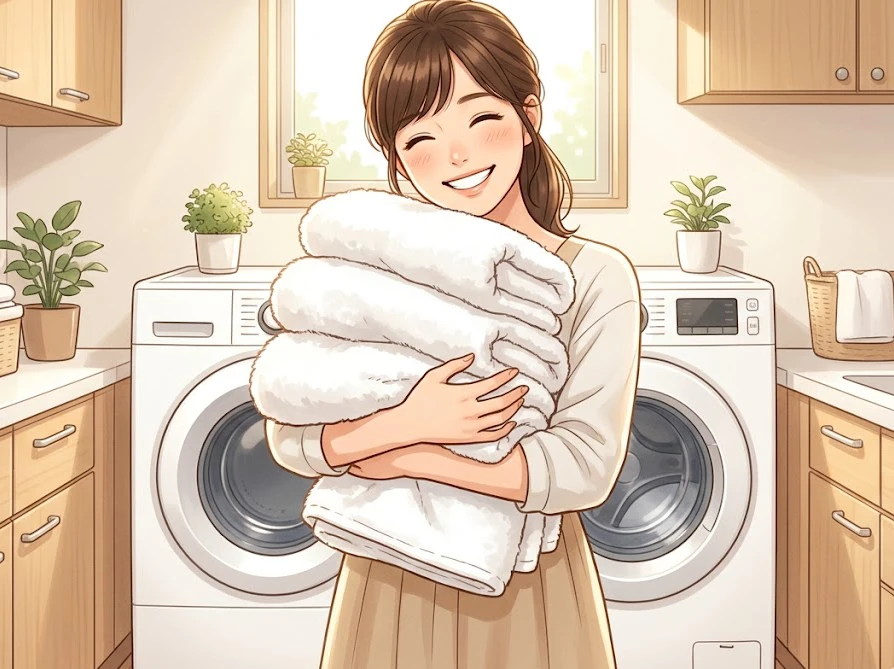 お手入れが行き届いた清潔なドラム式洗濯機と笑顔で喜ぶ女性