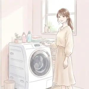 ドラム式洗濯機と笑顔の女性。真下排水の掃除への悩みを解消して清潔な洗濯空間を実現。