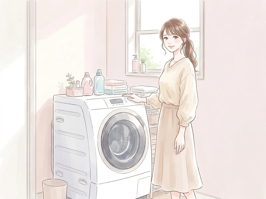 ドラム式洗濯機と笑顔の女性。真下排水の掃除への悩みを解消して清潔な洗濯空間を実現。