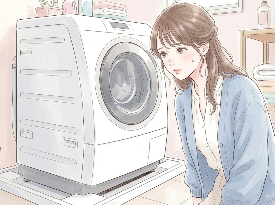 ドラム式洗濯機の真下にある狭い排水口の隙間を見て、掃除ができずに困っている女性。