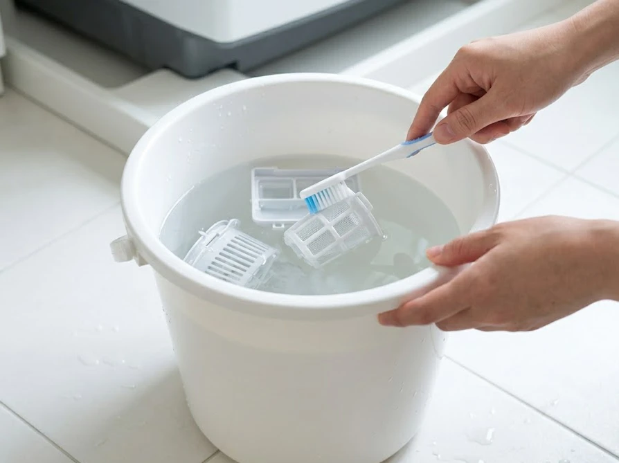 外した排水口の目皿やフィルター部品を、洗面器の中で古い歯ブラシを使って丁寧に水洗いする様子。