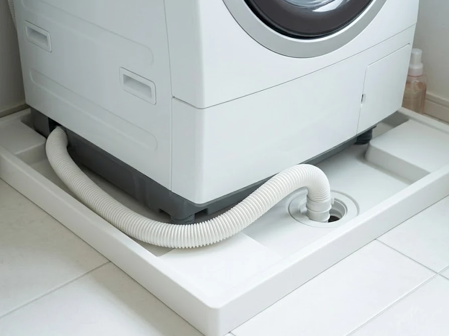 賃貸物件の防水パンとドラム式洗濯機の隙間。排水ホースが潰れずに正しく配置されている状態。