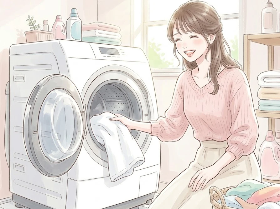 排水口の掃除とメンテナンスが行き届いた清潔な洗濯室で、安心して家事をする笑顔の女性。