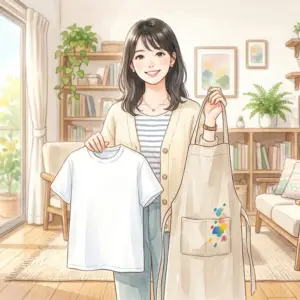 アクリル絵の具がついた服と綺麗になった服を持つ女性