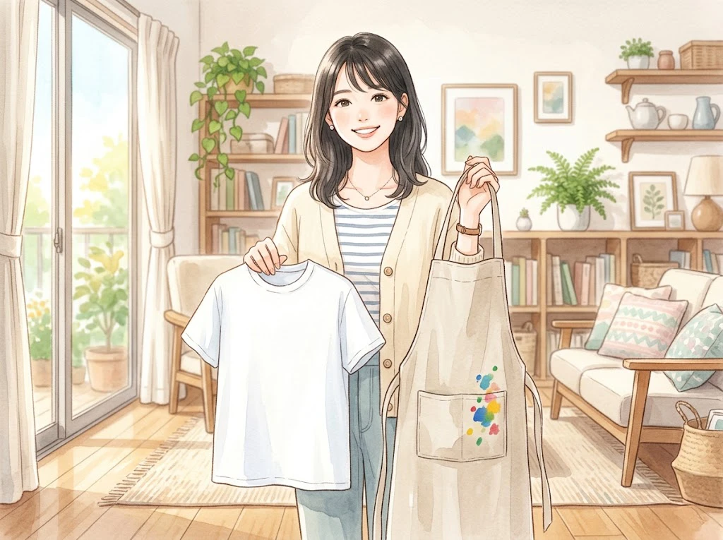 アクリル絵の具がついた服と綺麗になった服を持つ女性
