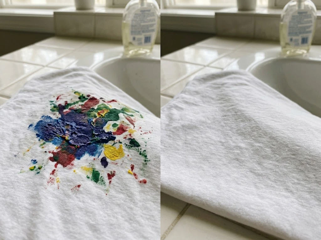 完全に乾いた頑固なアクリル絵の具のシミ抜き前後の比較