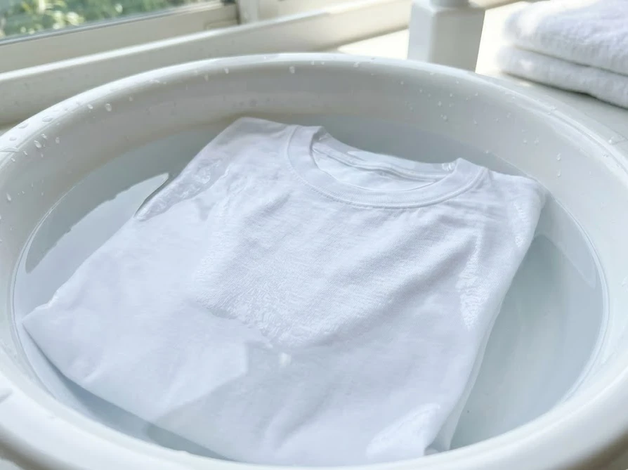 洗濯機に入れる前にすすぎ水が透明か確認している様子