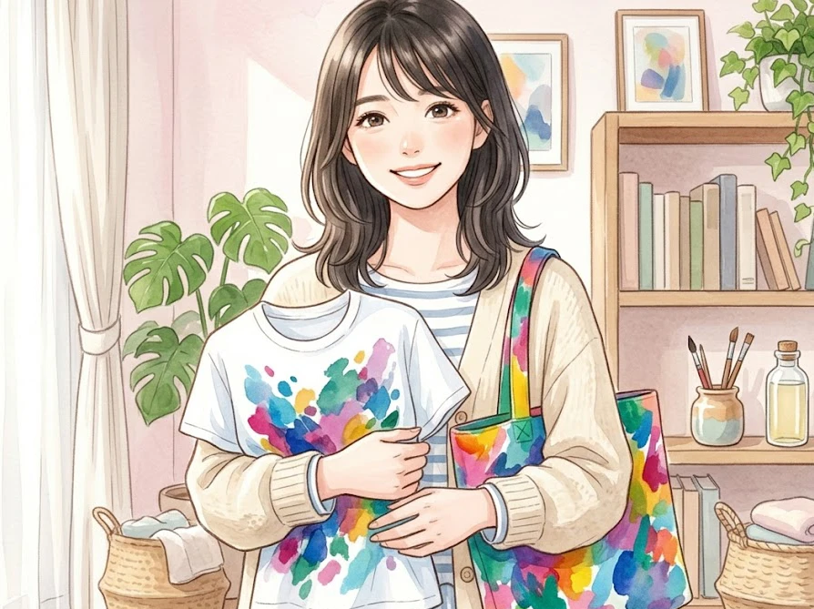 洗濯して綺麗になった手描きアイテムを抱えて微笑む女性
