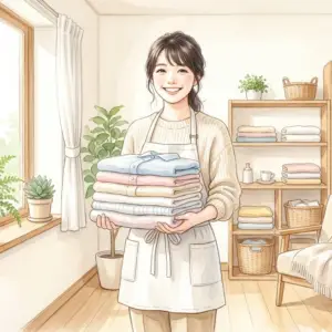 ワキガの臭いと柔軟剤の相性に悩む女性と綺麗に畳まれた洗濯物
