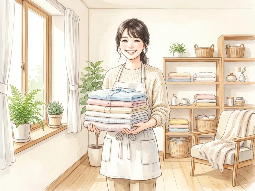 ワキガの臭いと柔軟剤の相性に悩む女性と綺麗に畳まれた洗濯物