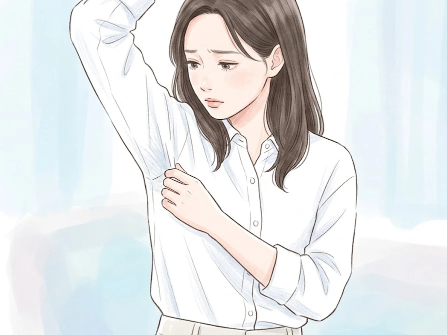 柔軟剤を控えるべき脇の汚れや黄ばみを確認する女性