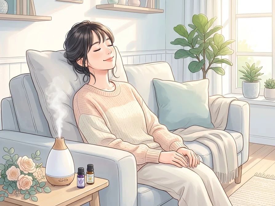 明るく清潔な部屋で柔軟剤で作ったルームフレグランスの心地よい香りにリラックスする女性