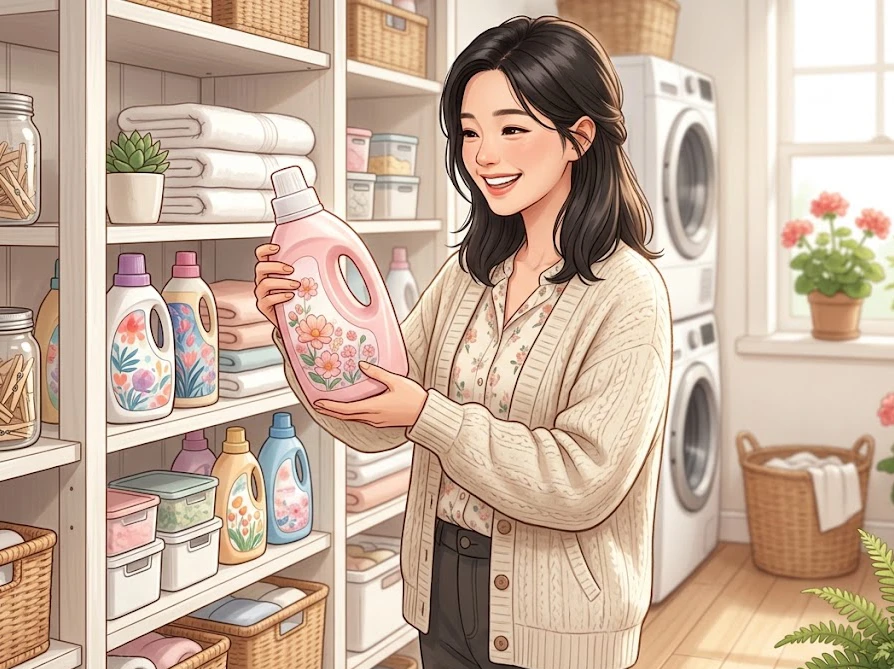 収納棚の奥から使い切れずに余っていた柔軟剤を見つけてルームフレグランスへの活用を喜ぶ女性