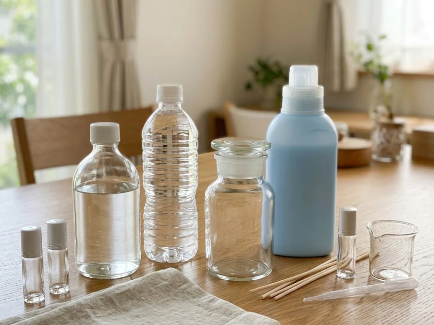 柔軟剤からルームフレグランスを手作りするために用意された無水エタノールや精製水などの材料