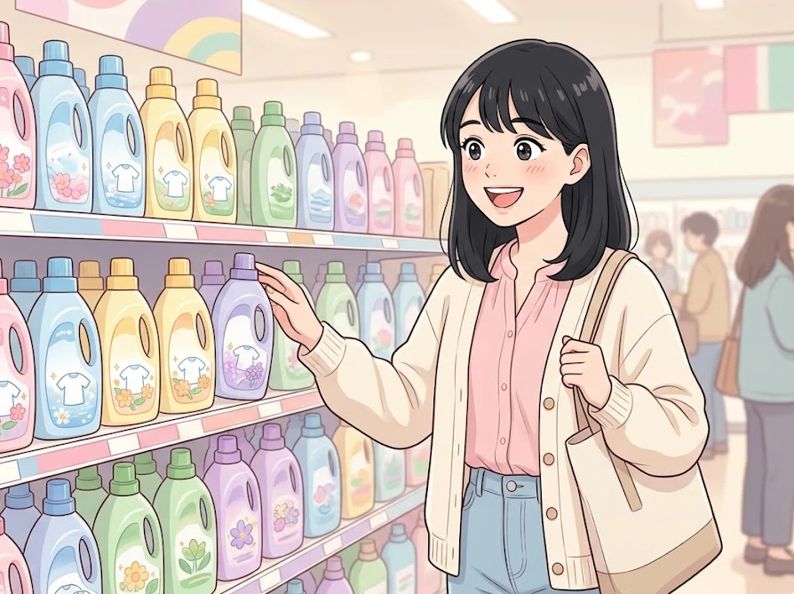 お店の棚に並ぶ商品の中からルームフレグランス作りに最適な柔軟剤を楽しく選んでいる女性