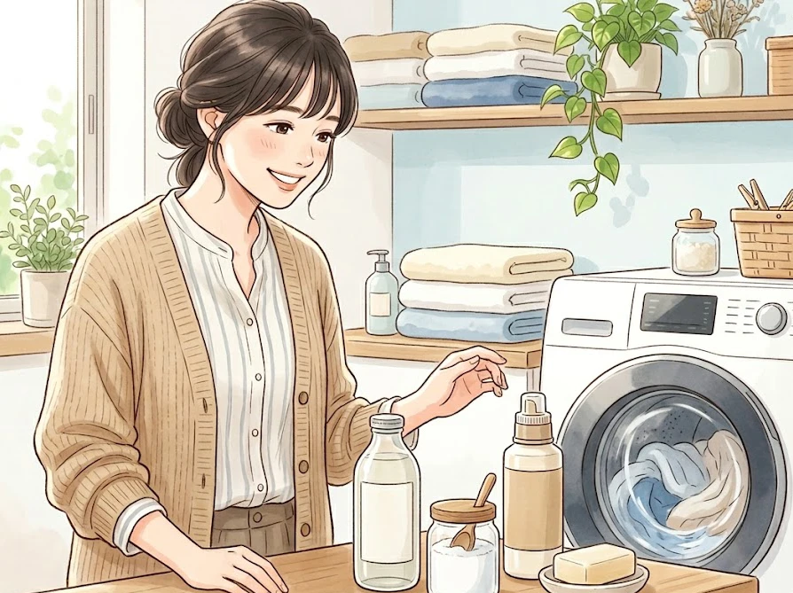 トマトソースの染み抜きに必要な食器用中性洗剤や粉末の酸素系漂白剤などのアイテム一式