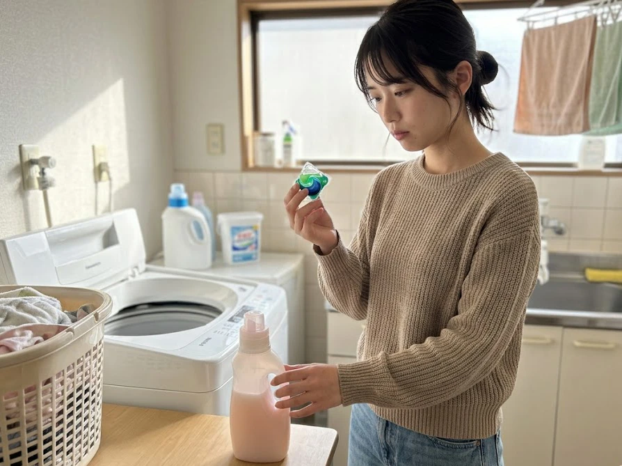 トマトソースの染み抜きに必要な食器用中性洗剤や粉末の酸素系漂白剤などのアイテム一式