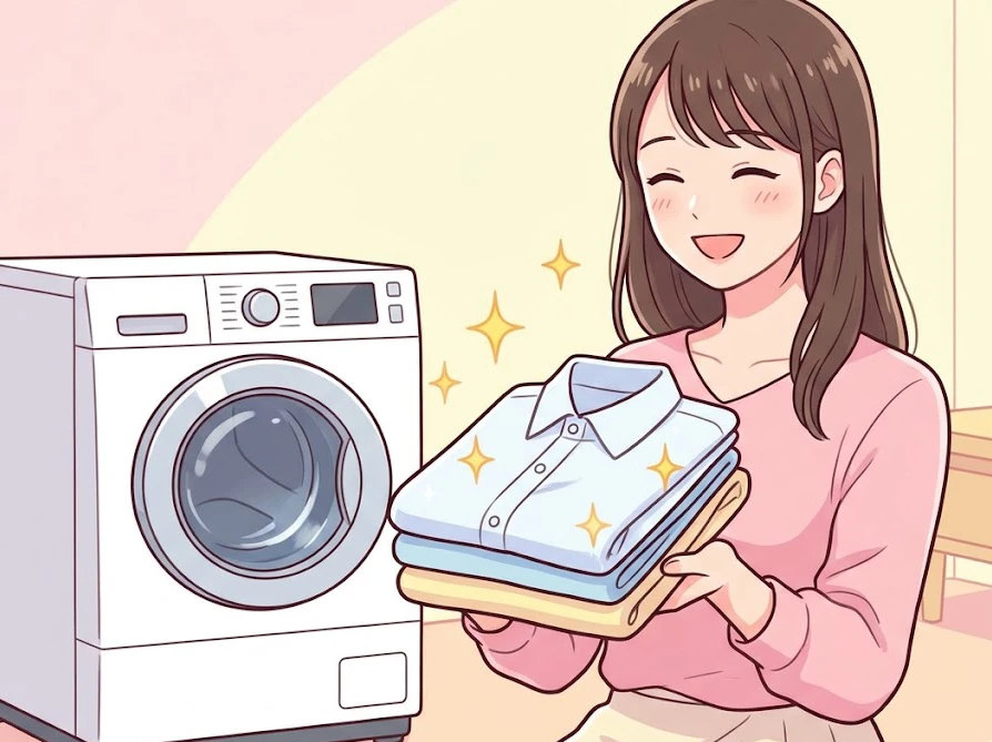 ドラム式洗濯機での溶け残りトラブルに正しく対処し、綺麗になった衣類を持つ女性
