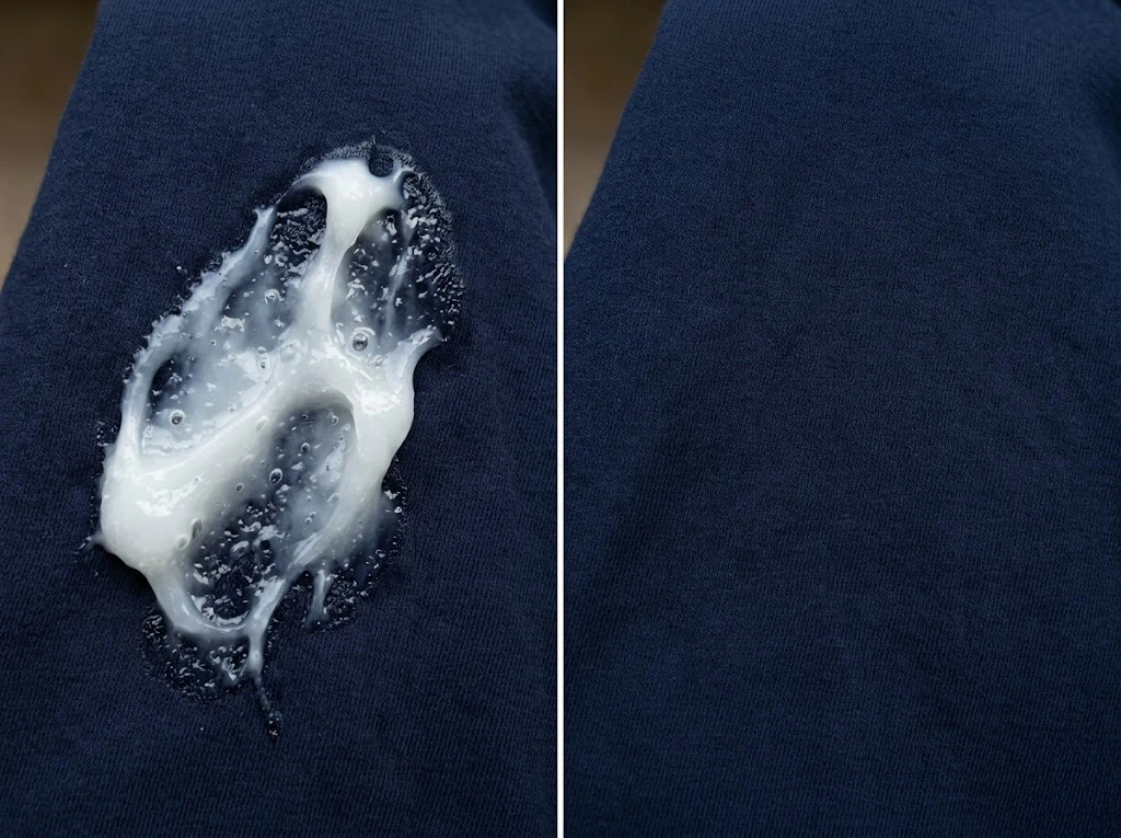 衣類に付着したジェルボールのドロドロとした溶け残りと、洗い直して綺麗になった生地