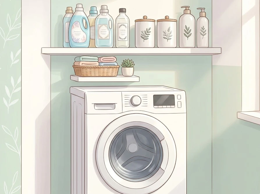 溶け残り対策として検討したい、ジェルボール以外の液体洗剤などが並べられた洗濯棚
