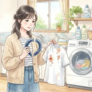アイスリングが液漏れして服が汚れ、洗濯機の前で困っている女性