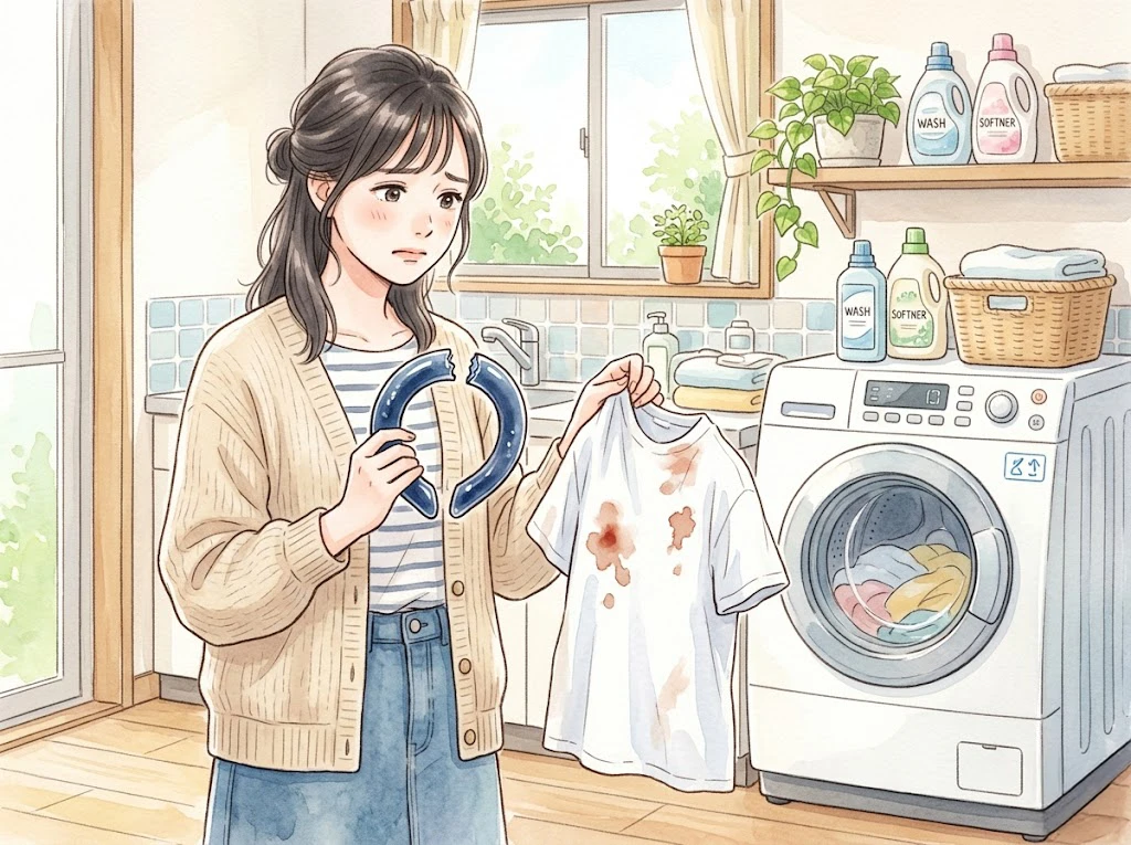 アイスリングが液漏れして服が汚れ、洗濯機の前で困っている女性