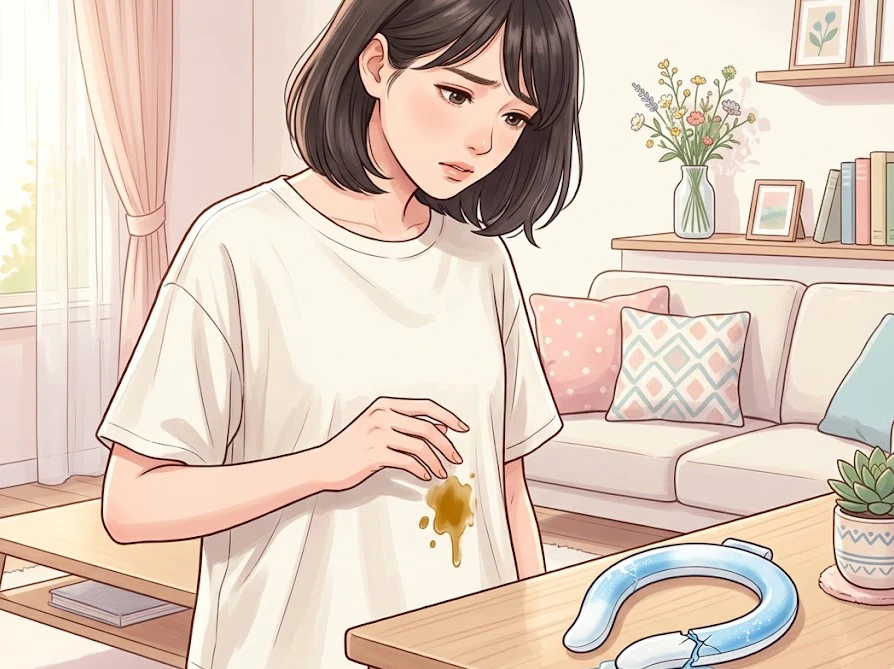服に付着したベタベタなアイスリングの中身を見て正しい洗い方を調べる女性